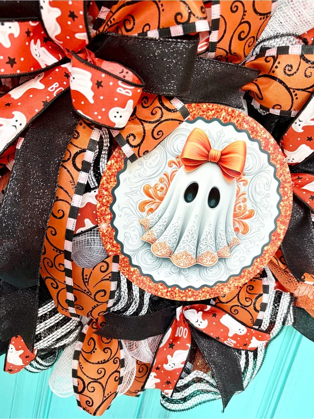 Halloween Ghost Ribbon Wreath - Orange, Black, White